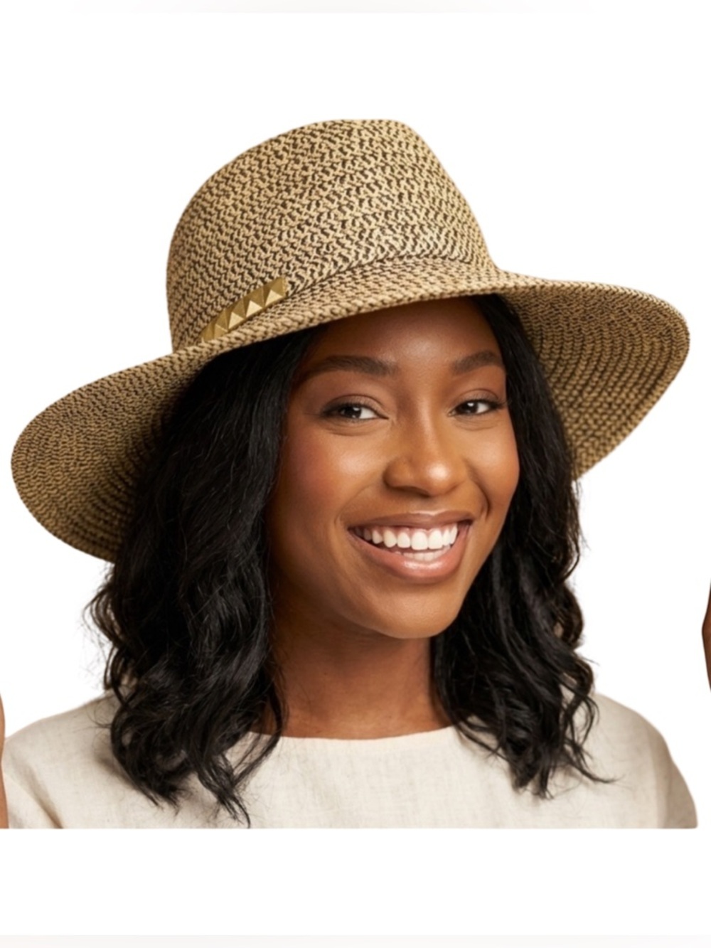 Four Buttons by San Diego Hat Co Woven Straw Wide Brim Sun Hat Tan Gold Accent